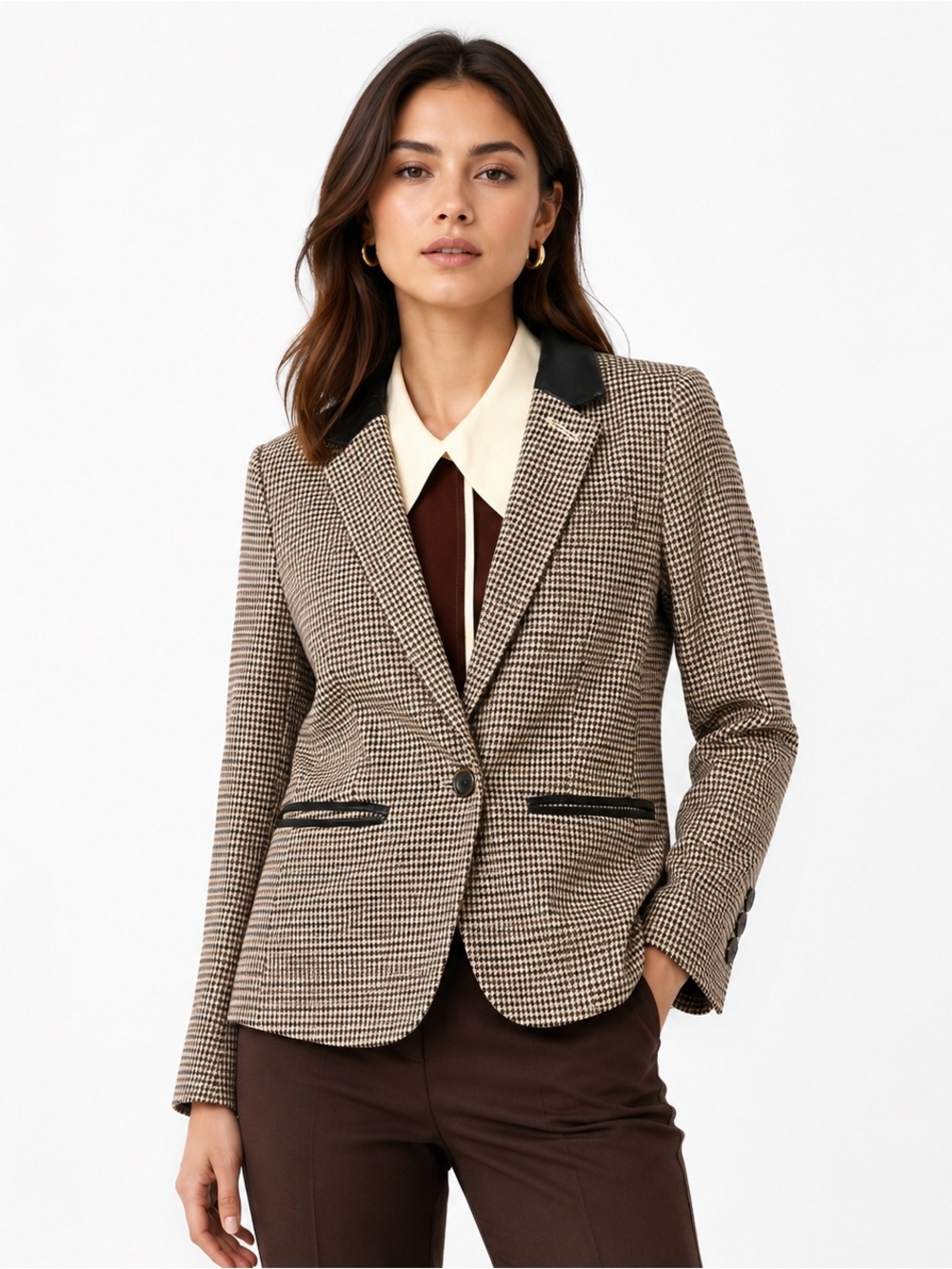 Club Monaco Houndstooth Leather Collar Blazer Tailored Career Jacket - Picture 1 of 7